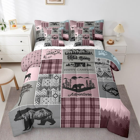 Erosebridal Bear Print Bedding Sets Full Size, Pink Buffalo Comforter Sets with Sheets, Rustic Patchwork Bed Set, Lightweight Bedroom Decorative, 7pcs