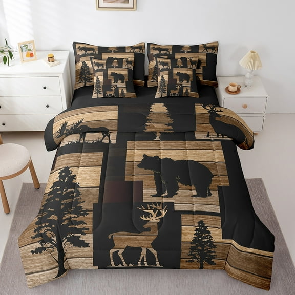 Erosebridal Bear Print Bedding Sets Twin Size, Brown Wooden Plank Comforter Sets with Sheets, Rustic Wildlife Reversible Bedding Twin Size, Ultra Soft Bedroom Decor, 7pcs