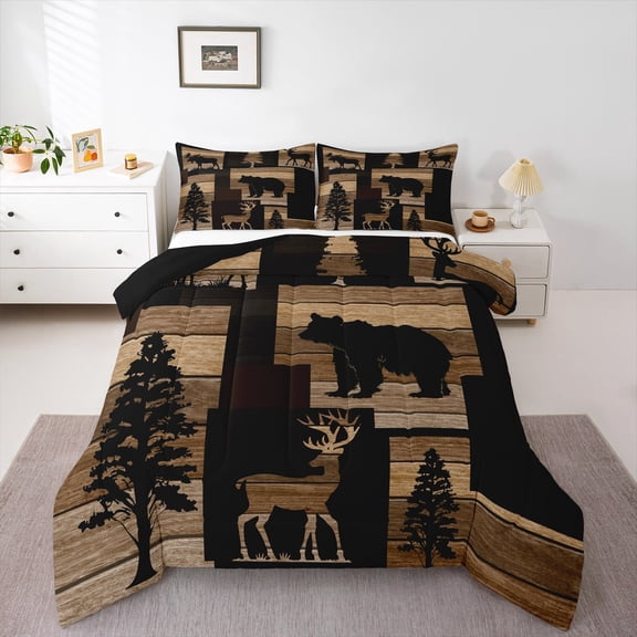 Erosebridal Bear Print Bedding Twin Comforter Set, Brown Wooden Plank Bedding Sets Twin with Comforter, Rustic Wildlife Reversible Down Comforter, Ultra Soft Bedroom Decor, 2pcs