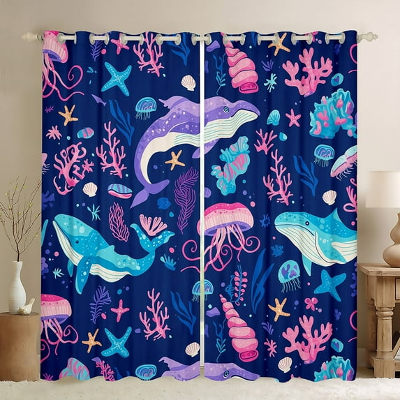 Erosebridal Whale Jellyfish Curtains for Living Room,Marine Animal 30%-50% Blackout Curtains Set of 2 (38x45),Curtains Pack of 2 (38x45),Ocean Theme Decoration