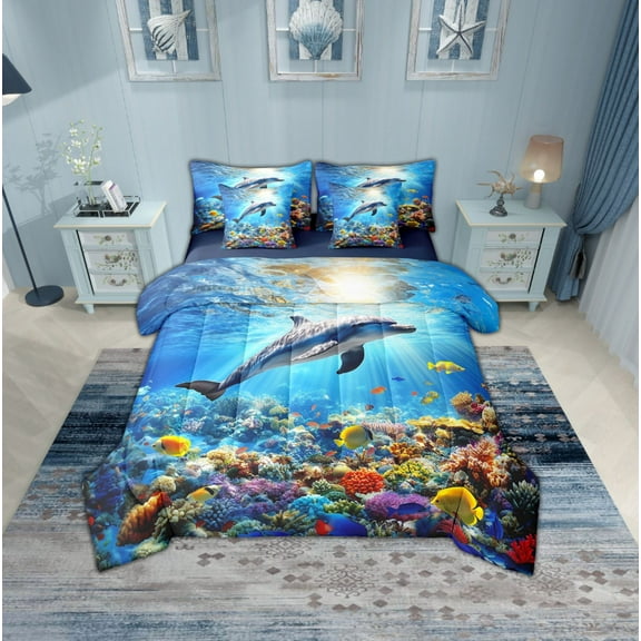 Erosebridal Marine Dolphin Bedding Sets Twin Size,Ocean Wildlife Comforter Sets with Sheets,Marine Decoration,Reversible,Breathable,7pcs