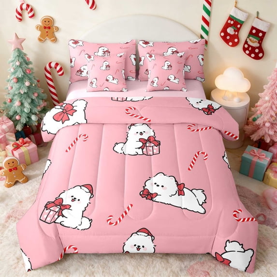 Manfei Bear Queen Bedding 7 Pieces Holiday Bedding Comforter Set Queen, Purple Pink, Pink Reversible