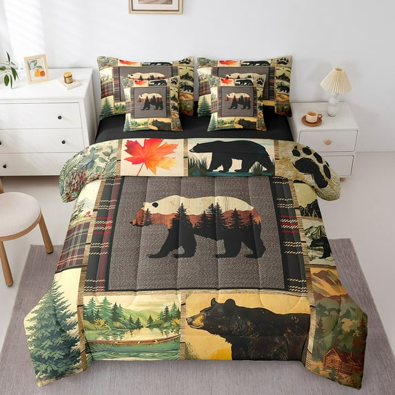 Erosebridal Bear Silhouette Bedding Twin Size,Jungle Animal Bed Set,Tropical Botanical Tree Bedding Sets Twin Size,Microfiber Bedroom Decor Reversible,7pcs