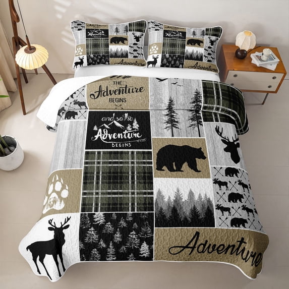 Erosebridal Bear Wildlife Bed Spread Queen for Boys Men, Olive Rustic Plaid Queen Coverlet Set, 3pcs
