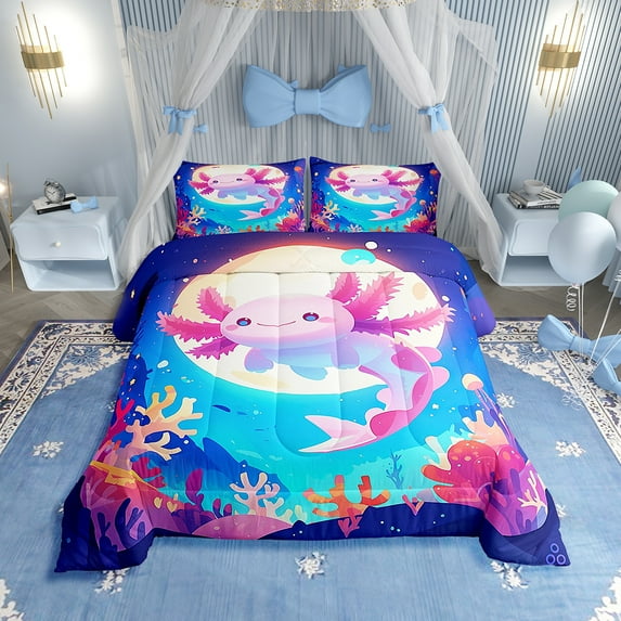 Erosebridal Bedding Cartoon Axolotl Comforter Set King Size,Cute Salamander Bedding Set Teens Adults Room Decor,Ocean Animal Comforter Set All Season,1 Quilt 2 Pillow