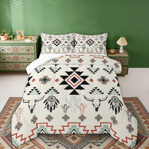 Erosebridal Beige Aztec Full Size Comforter Sets, Farmhouse Dreamcatcher Cow Skull Print Bedding Sets, Reversible 3 Pieces, 1 Comforter and 2 Pillowcases