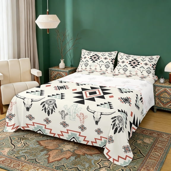 Erosebridal Beige Aztec Full Size Sheets, Farmhouse Dreamcatcher Cow Skull Print Bed Sheets, 4 Pieces 1 Flat Sheet, 1 Fitted Sheet and 2 Pillowcases