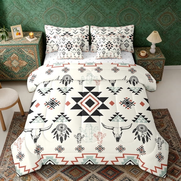 Erosebridal Beige Aztec Twin Bedding Sets, Farmhouse Dreamcatcher Cow Skull Print Bedding Comforter Set, Reversible 7 Pieces