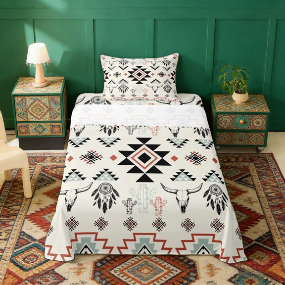 Erosebridal Beige Aztec Twin Sheet Sets, Farmhouse Dreamcatcher Cow Skull Print Bedding, 3pcs 1 Flat Sheet, 1 Fitted Sheet and 1 Pillowcase