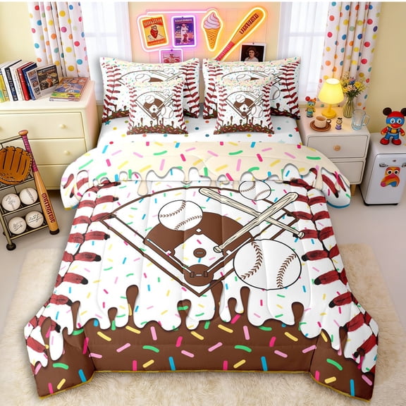 Erosebridal Beige & Brown Dripping Baseball Field & Bats Graphic Bedding Comforter Set 7 Pieces, Baseball Graphic Full Bedding Set for Boys And Girls Kids,Lightweight Room Decor