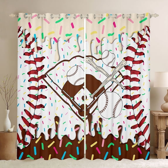 Erosebridal Beige & Brown Dripping Baseball Field & Bats Graphic Black Out Curtains, Baseball Graphic Curtains Pack of 2 (42x63 Each) for Boys And Girls Kids,Lightweight Room Decor