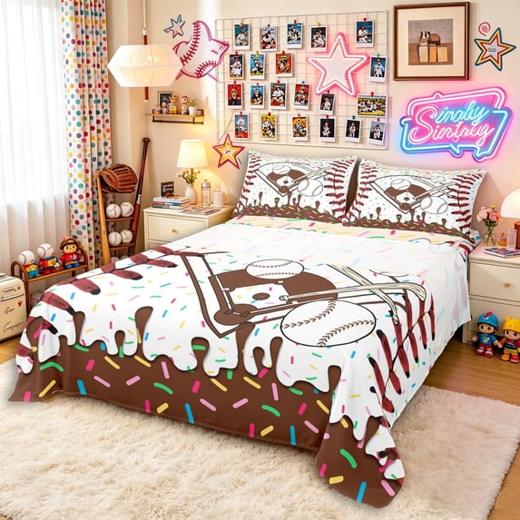 Erosebridal Beige & Brown Dripping Baseball Field & Bats Graphic Queen Sheet Sets 4 Pieces, Baseball Graphic Bed Set for Boys And Girls Kids,Lightweight Room Decor
