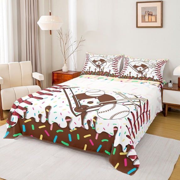 Erosebridal Beige & Brown Dripping Baseball Field & Bats Graphic Queen Sheet Sets 4 Pieces, Baseball Graphic Bed Set for Boys And Girls Kids,Lightweight Room Decor