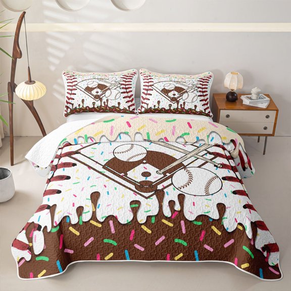 Erosebridal Beige & Brown Dripping Baseball Field & Bats Graphic Quilt Full,Baseball Graphic Full Bedspread Sets for Boys Girls
