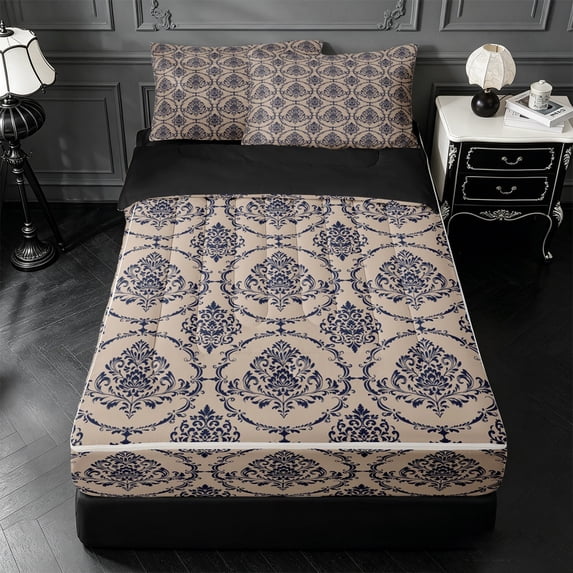 Erosebridal Beige Navy Damask Floral Zipper Queen Comforter Set with Fitted Sheet and 2 Pillowcases,Retro Baroque Ornament Classic Farm Print Zipper Bedding Set For Adults,Black Reversible,4 Pieces