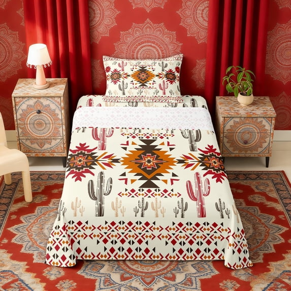 Erosebridal Beige Orange Black Aztec Twin Sheet Sets, Bohemian Cactus Bedding, 3 Pieces 1 Flat Sheet, 1 Fitted Sheet and 1 Pillowcase