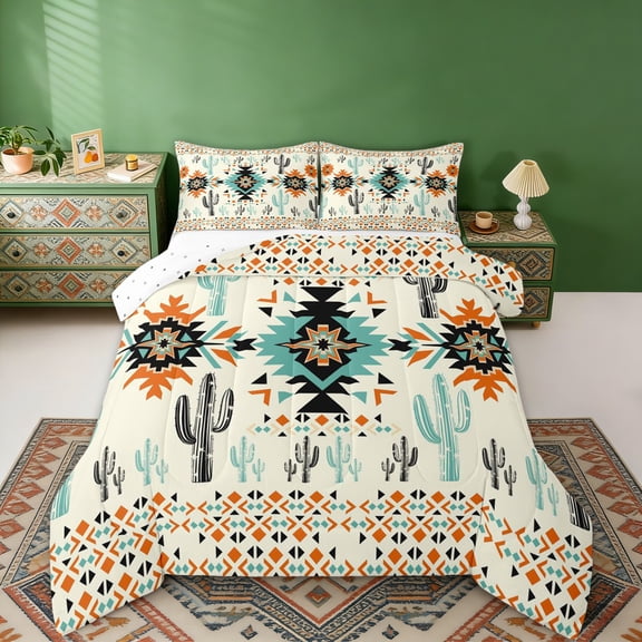 Erosebridal Beige Teal Black Aztec Full Size Comforter Sets, Bohemian Cactus Bedding Sets, Reversible 3pcs, 1 Comforter and 2 Pillowcases