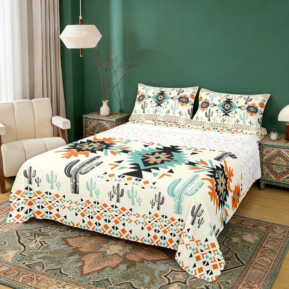 Erosebridal Beige Teal Black Aztec Full Size Sheets, Bohemian Cactus Bed Sheets, 4pcs 1 Flat Sheet, 1 Fitted Sheet and 2 Pillowcases
