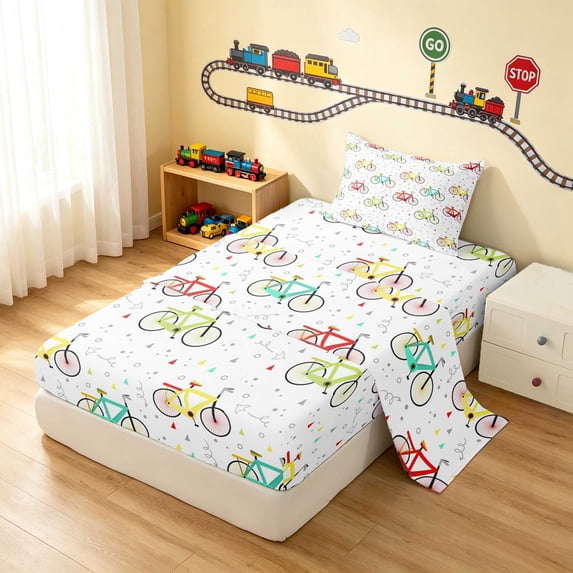 Erosebridal Bicycle Twin Sheets, Cycling Bedding, White Colorful 3 Pieces (1 Flat Sheet, 1 Fitted Sheet and 1 Pillowcase)
