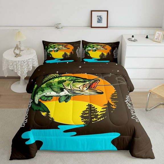 Erosebridal Big Bass Fish Bedding King Comforter Set, Cartoon Animal Down Comforter, Fishing Theme Room Decor Lightweight 3 Pieces