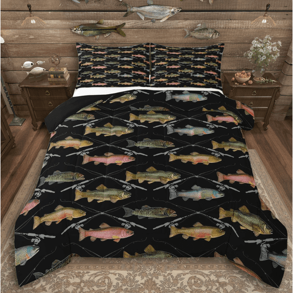 Erosebridal Big Bass Fish Full Size Comforter Sets 3 Pieces For Women Men,Fishing And Hunting Bedding Sets For Teens Adults,Black Reversible