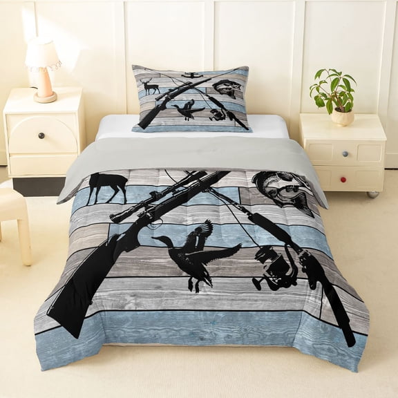 Erosebridal Big Bass Fish Mallard Duck Deer Twin Comforter Sets 3-Piece For Teens Adults,Fishing And Hunting Bedding Set,Grey Reversible