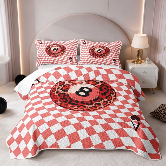 Erosebridal Billiard Quilt King Casino King Coverlet Set, Crimson Checkered 3pcs 1 Bedspread and 2 Pillowcases