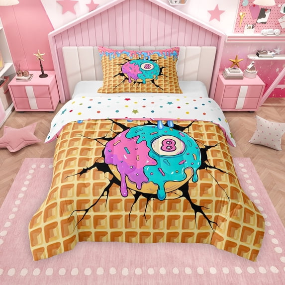 Erosebridal Billiard Twin Comforter Sets for Kids Boys Girls, Ice Cream Drip Waffle Bedding Set, Colorful Polka Dots Reversible, 1 Comforter and 1 Pillowcase