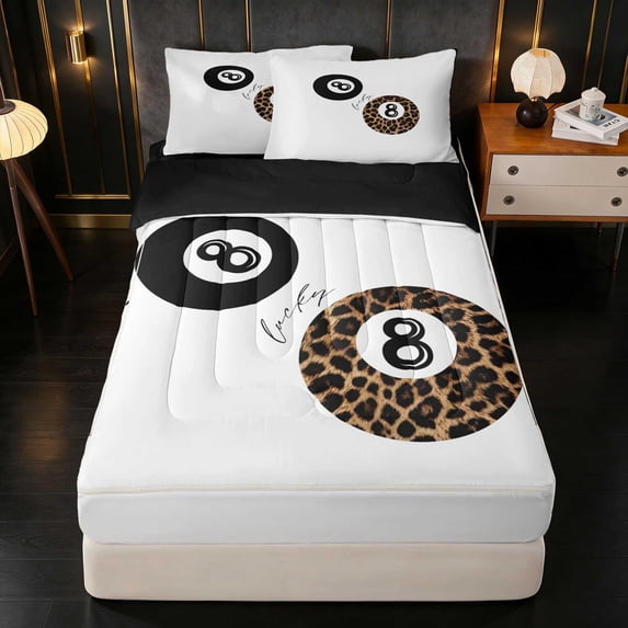 Erosebridal Billiard Zipper Full Size Comforter Sets with Fitted Sheet and 2 Pillowcases Vintage Zipper Bedding Set, White Solid, Black Reversible