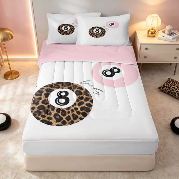 Erosebridal Billiard Zipper Twin Comforter Sets with Fitted Sheet and 2 Pillowcases Pink Zipper Bedding Set, Pink White, Pink Reversible