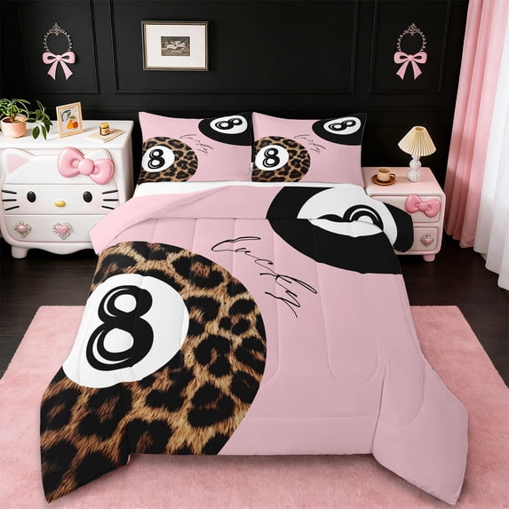 Erosebridal Billiards Game Sport Full Size Comforter Sets,Jungle Leopard Pattern Bedding Sets For Cheetah Girl, Reversible 3pcs
