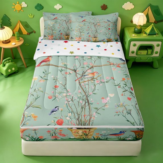 Erosebridal Bird Branch Zipper Queen Comforter Set with Fitted Sheet and 2 Pillowcases,Floral Tree Zipper Bedding Set For Girls,Polkadot Reversible,4pcs