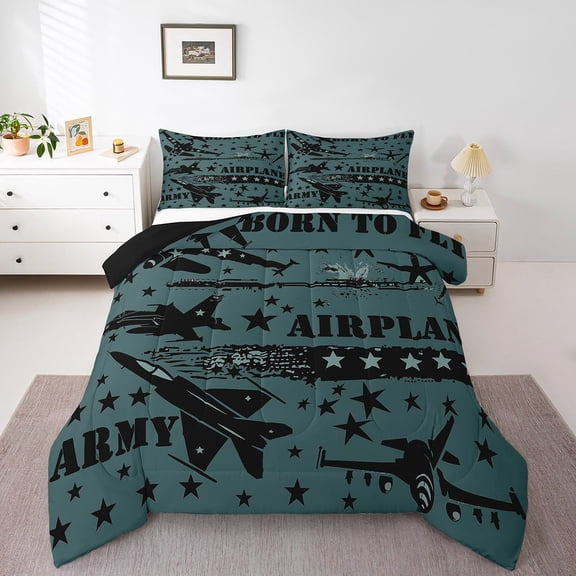 Erosebridal Black Airplane Bedding Twin Comforter Set,Gradient Stars Down Comforter,Army Fighter Jet Bedding Sets Twin with Comforter,Breathable Military Room Decor,Reversible,2-Piece