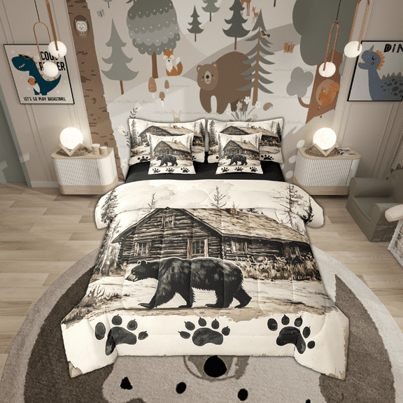 Erosebridal Black Bear Bed in a Bag Twin Size, Rustic Farmhouse Bed Set, Animal Paw Bedroom Decor, Reversible 7 Pieces