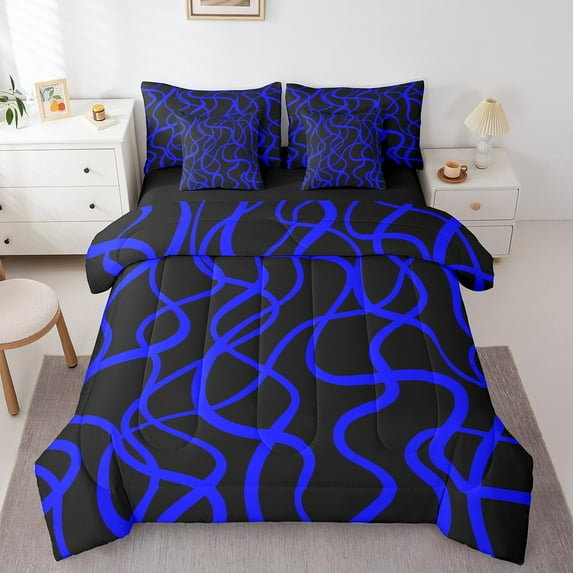 Erosebridal Black Blue Bedding King Size,Modern Geometric Comforter Sets With Sheets,Abstract Wave Lines Bedding Sets King Size, Breathable Bedroom Decorative,7Pcs Reversible
