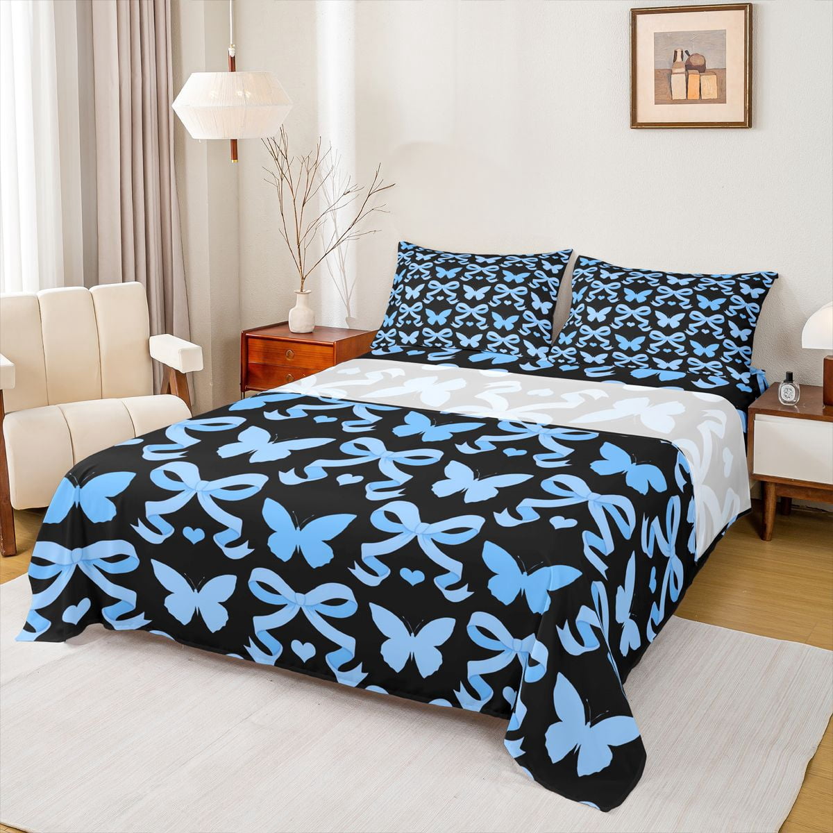 Erosebridal Black Blue Full Size Sheets for Girls, Butterfly Bow-Tie ...