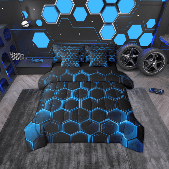 Erosebridal Black Blue Geometric Bedding Full Size, Hexagon Honeycomb Comforter Sets with Sheets, Reversible 7 Pieces