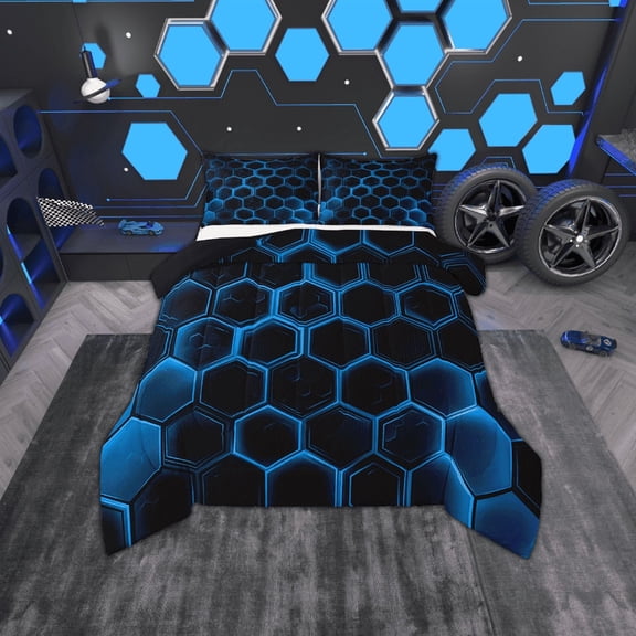 Erosebridal Black Blue Geometric Bedding Sets Twin with Comforter, Hexagon Honeycomb Duvet Insert, Reversible 2 Pieces