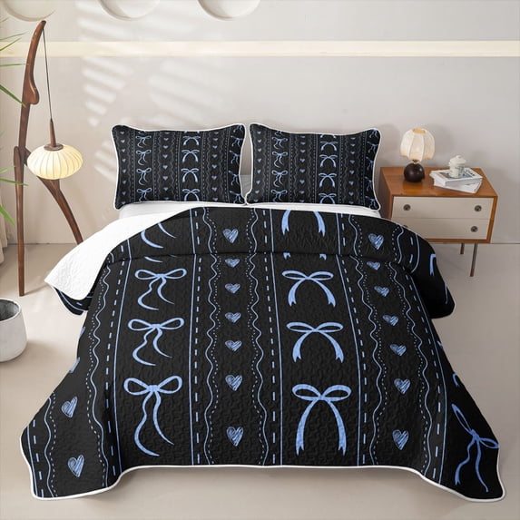 Erosebridal Black Blue Ribbon Bed Spread Queen for Girl, Kawaii Princess Cartoon Queen Coverlet Set, 3-Piece