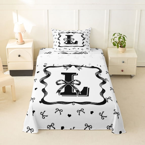 Erosebridal Black Bow Letter L Twin Sheet Sets, Princess Cartoon Style Bedding, 3 Pieces