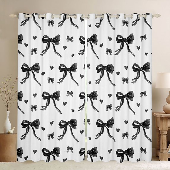Erosebridal Black Bow Ribbon Black Out Curtains for Girls, Cartoon Love Heart Curtains Pack of 2 (42x63 Each) for Women