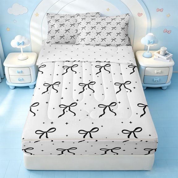 Erosebridal Black Bow Stars Zipper Twin Comforter Sets with Fitted Sheet and 2 Pillowcases,Black Polka Dots Zipper Bedding Set For Girls,Reversible,4pcs