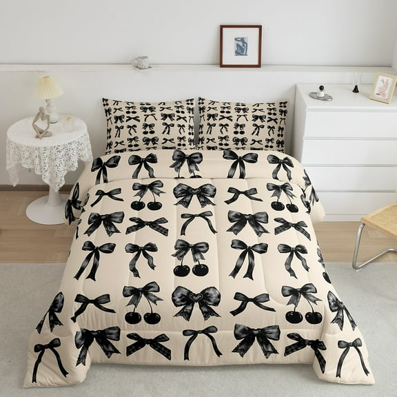 Erosebridal Black Bow-tie Bedding Sets Full with Comforter, Cool Duvet Insert, Cute Bow Decor, Reversible 3-Piece