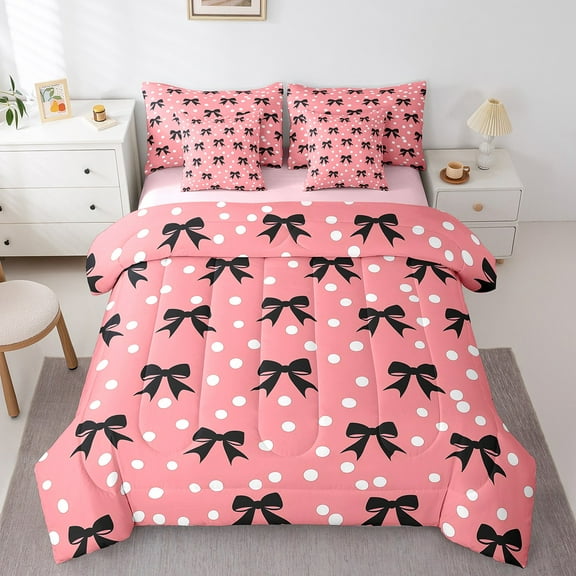 Erosebridal Black Bowknot Bedding Sets Queen Size, Polka Dot Comforter Sets with Sheets, Cool Princess Reversible Bed Sheets Set, Super Cozy Room Decor, 7 Pieces