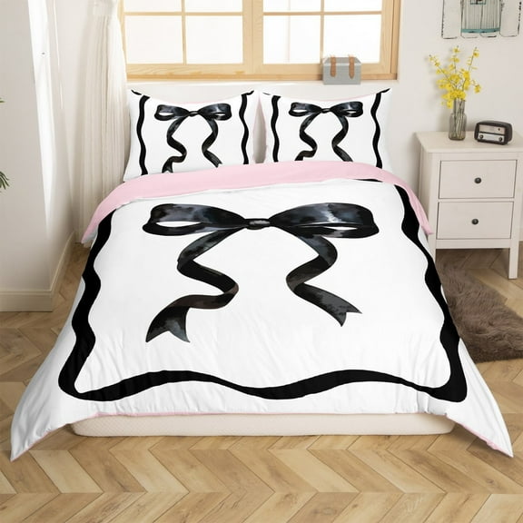 Erosebridal Black Bowknot Comforter Cover Twin, Stripes Ribbon Bedding Twin Size, Princess Room Decor, Reversible 2pcs(No Comforter)