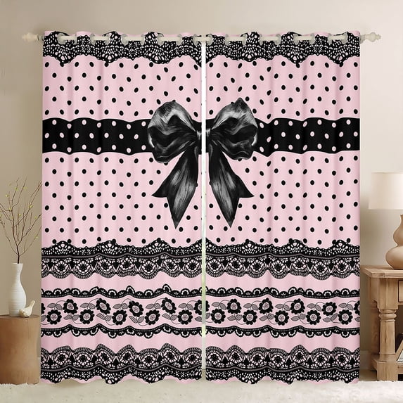 Erosebridal Black Bowtie Black Out Curtains,Retro Floral Abstract Geometric Dots Curtains Pack of 2 (42x63 Each) For Kids Girls
