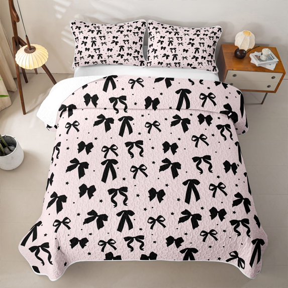 Erosebridal Black Bowtie Kids Quilt Full,Cute Polka Dots Kawaii Stars Full Bedspread Sets For Girls,3 Pieces
