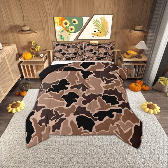 Erosebridal Black Brown Bedding Queen Comforter Set, Abstract Camouflage Camo Down Comforter, Reversible 3 Pieces