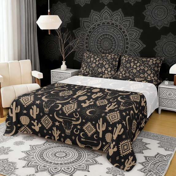 Erosebridal Black Brown Full Size Sheets, Hippie Aztec Moon Stars Bed Sheets, 4pcs 1 Flat Sheet, 1 Fitted Sheet and 2 Pillowcases