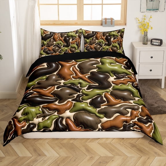 Erosebridal Black Brown Green Duvet Cover Twin, 3D Camouflage Camo Bedding Sets Twin Size, Reversible 2 Pieces (No Comforter)